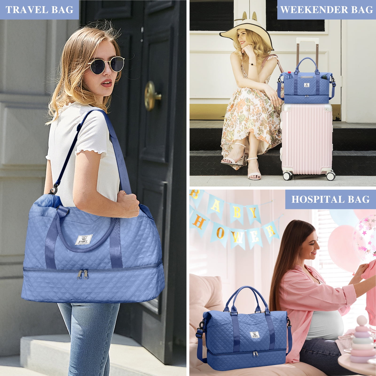 Gynky Travel Duffle Bag Weekender Bags for Women with Shoe Compartment Carry on Overnight Bag Gym Duffel Bag with Wet Pocket Hospital Bags for Labor and Delivery