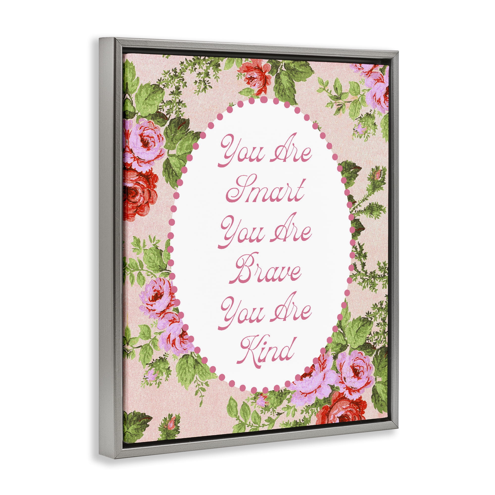 Stupell Industries Smart Brave & Kind with Vintage Florals Gray Framed Floater Canvas Wall Art, design by Lil' Rue