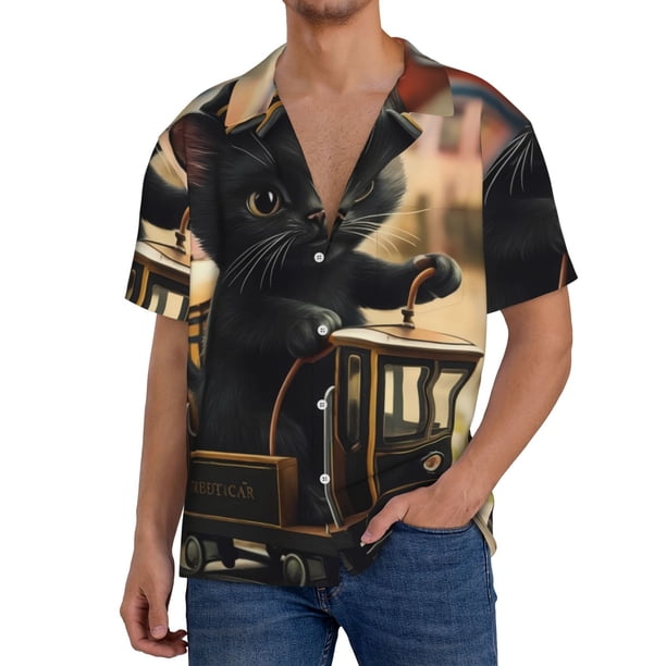 Balery Adorable Kitten On Mini Train Camisa Casual de Manga Corta con Botones para Hombre, Texturizada, Estilo Cubano, para Playa, Verano-Small