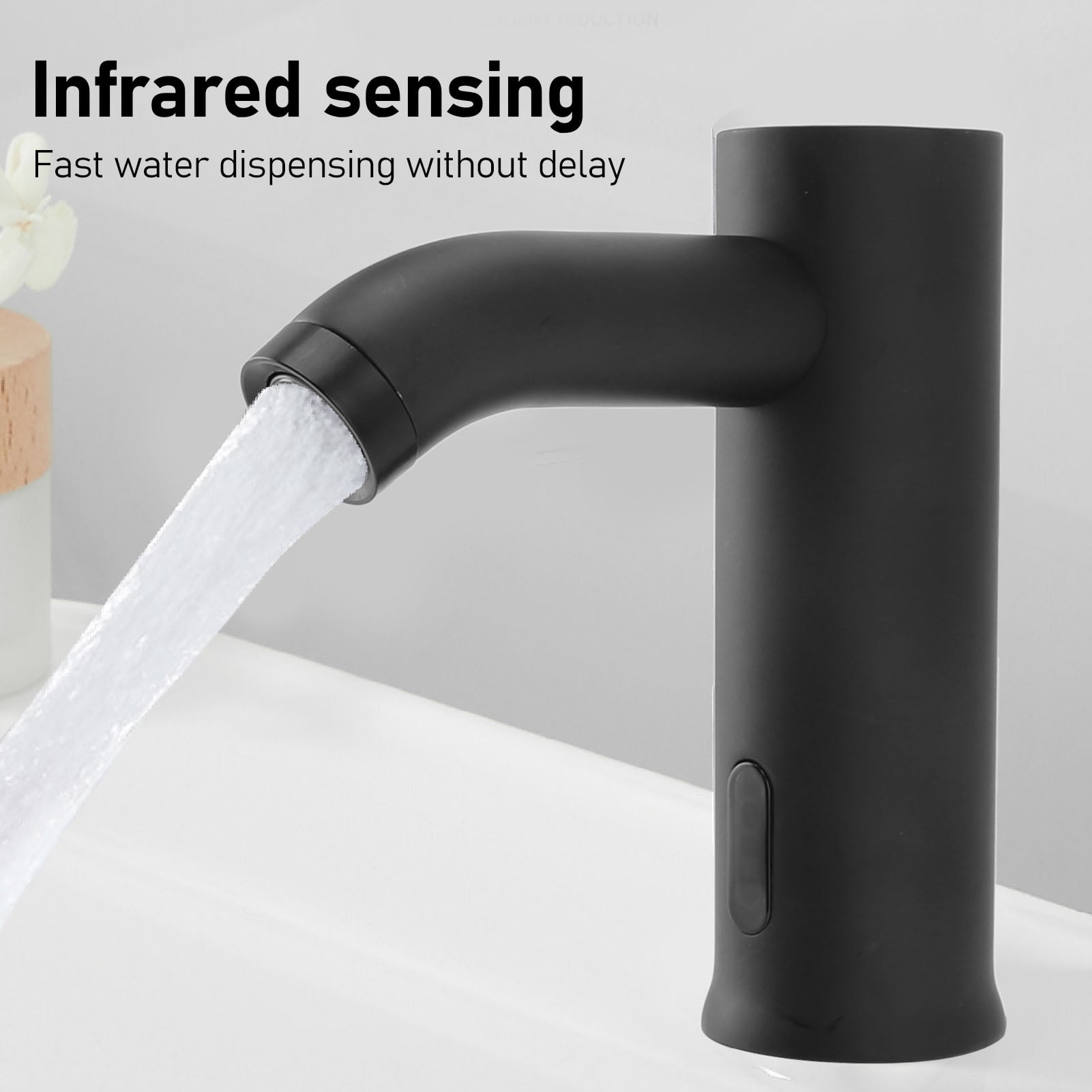 Riousery Black Touchless Bathroom Sink Faucet, Automatic Motion Sensor, Battery Powered, Stainless Steel Constructed Washroom Tap, 5.7 x 6.0 in / 14.5 x 15.2 cm