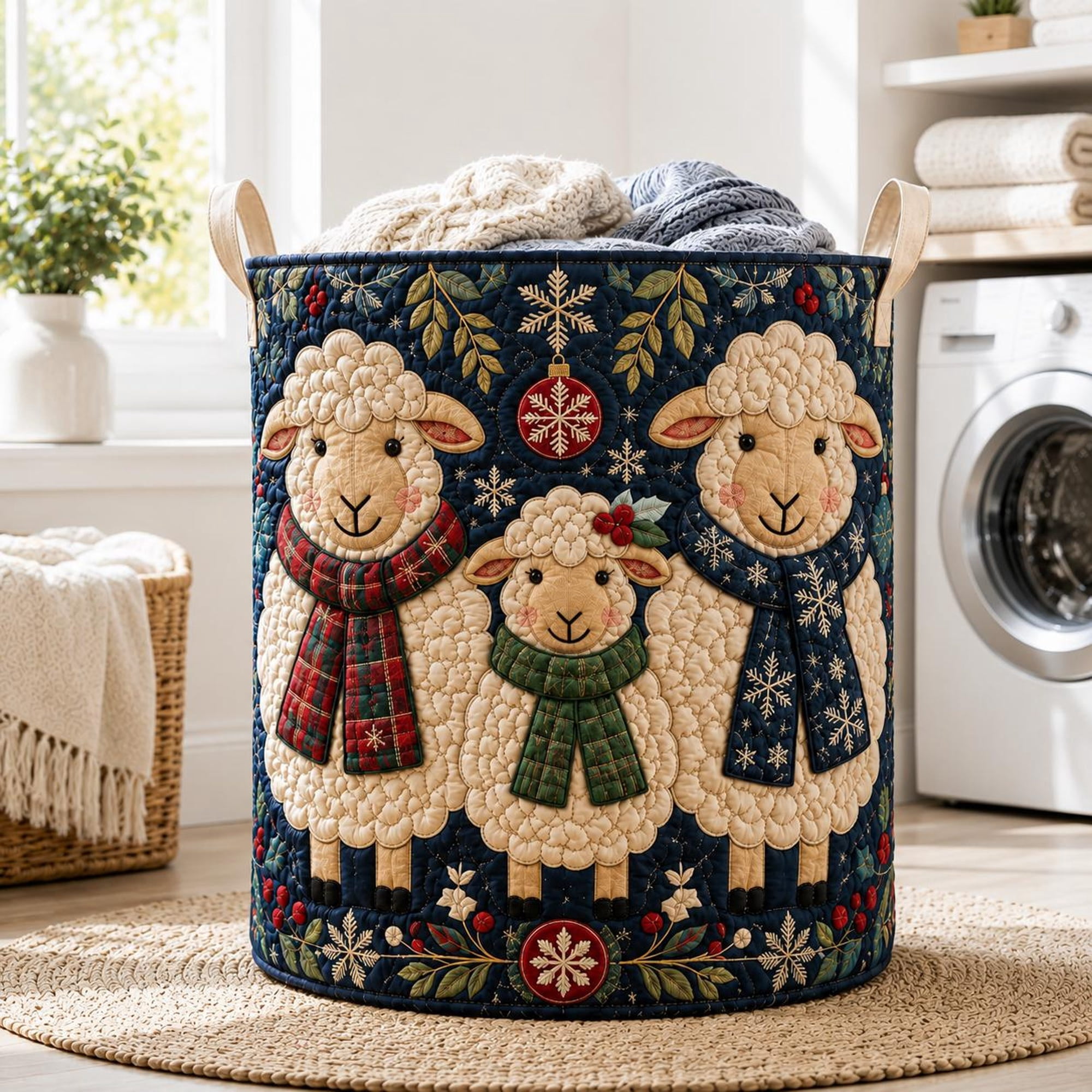 Sheep Quilted Laundry Basket, Cute Lamb Winter Hamper, Farmhouse Christmas Laundry Bin, Cozy Fabric Storage Basket, Kids Nursery Decor Gift