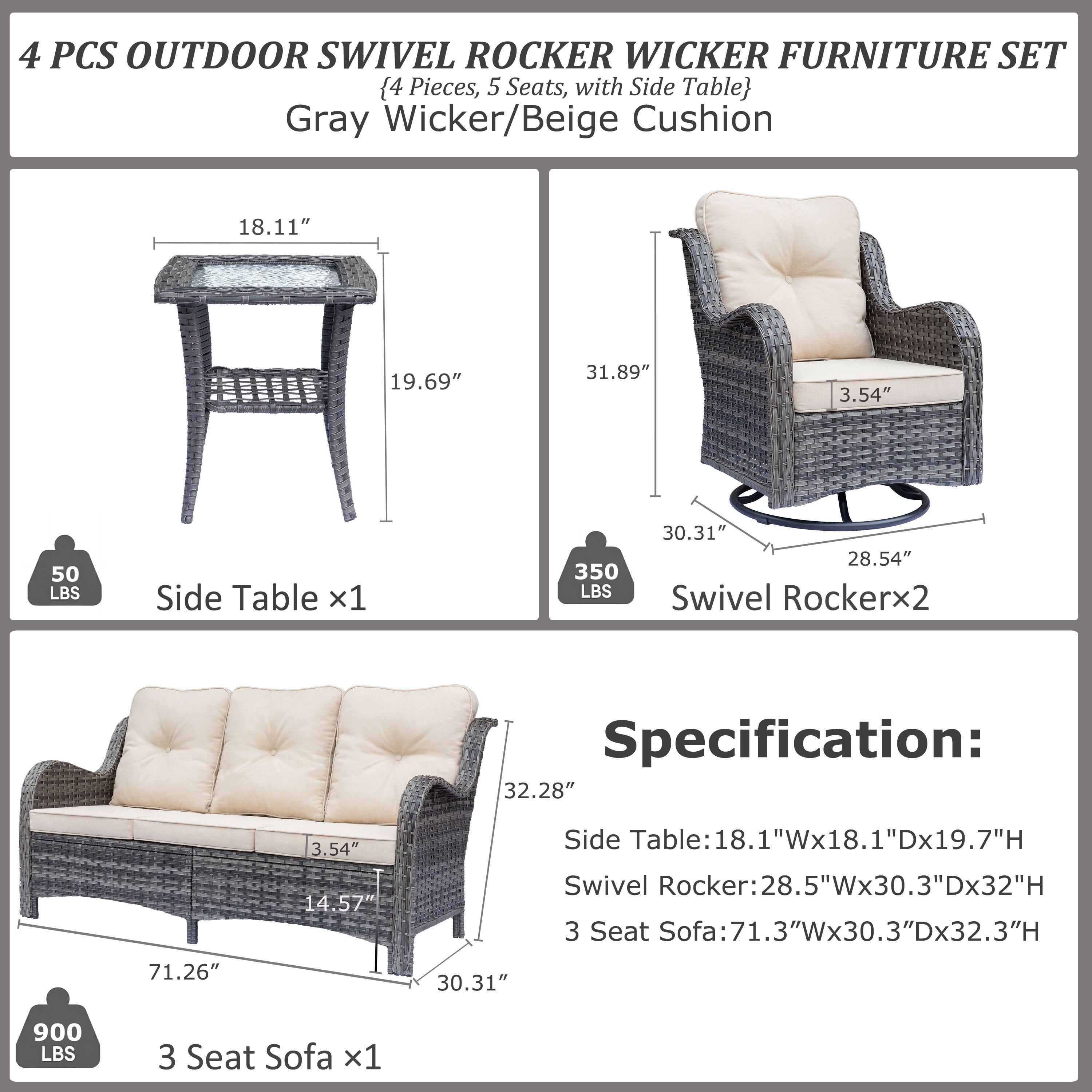 Fulljojor 4 Pieces Outdoor Patio Furniture Set, Rattan Wicker Sectional Swivel Rocker Chairs Sets