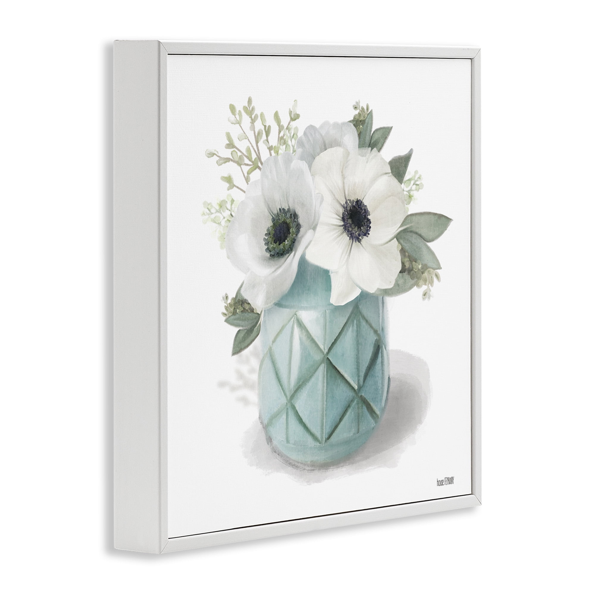 Stupell Industries White Flowers in Turquoise Vase Botanical & Floral Painting White Framed Art Print Wall Art, 17 x 17