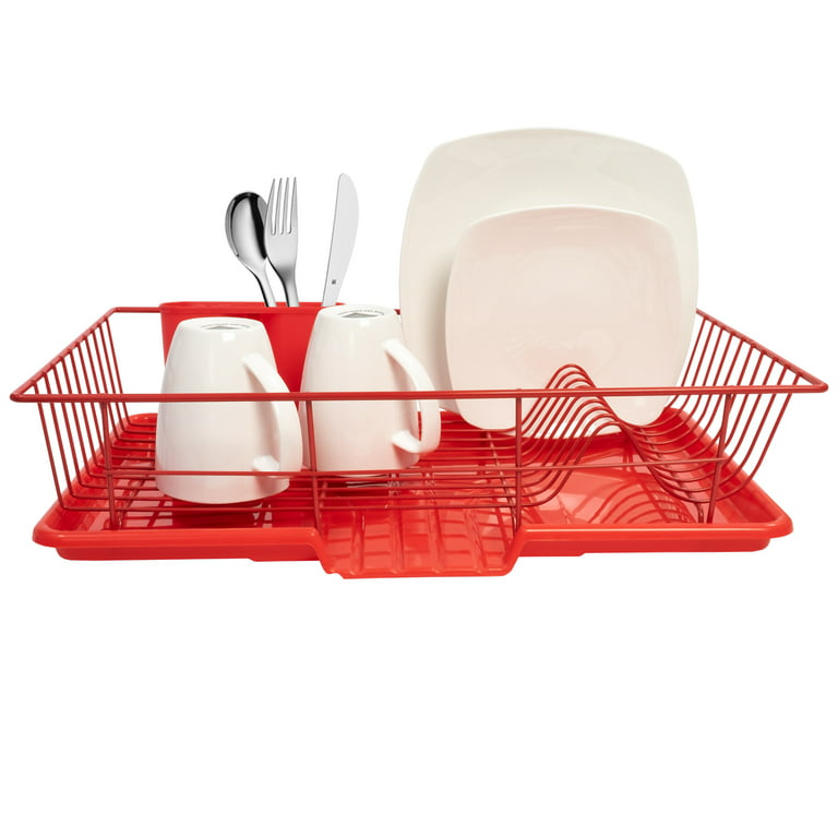 Tribello Sink Dish Drying Rack, Heavy Duty Hard Plastic Sink Set with  Drainer (Red)