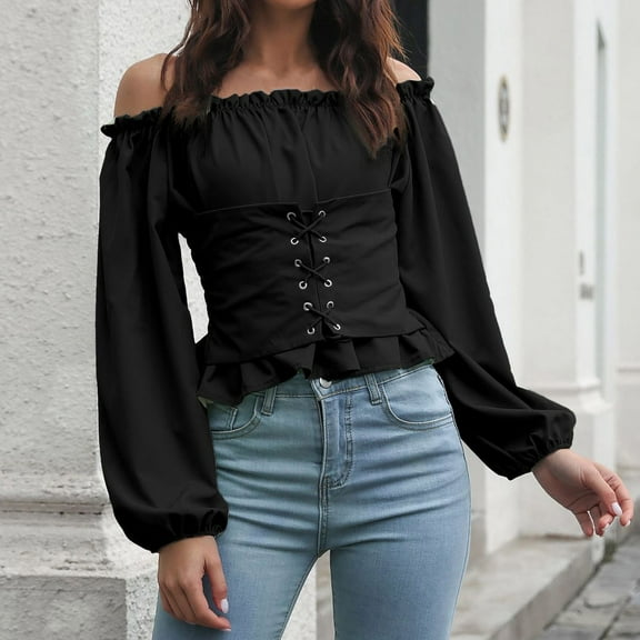 Perfectbot Womens Off Shoulder Blouse Lantern Long Sleeves Corset Tops Elegant Dressy Pleated Shirt
