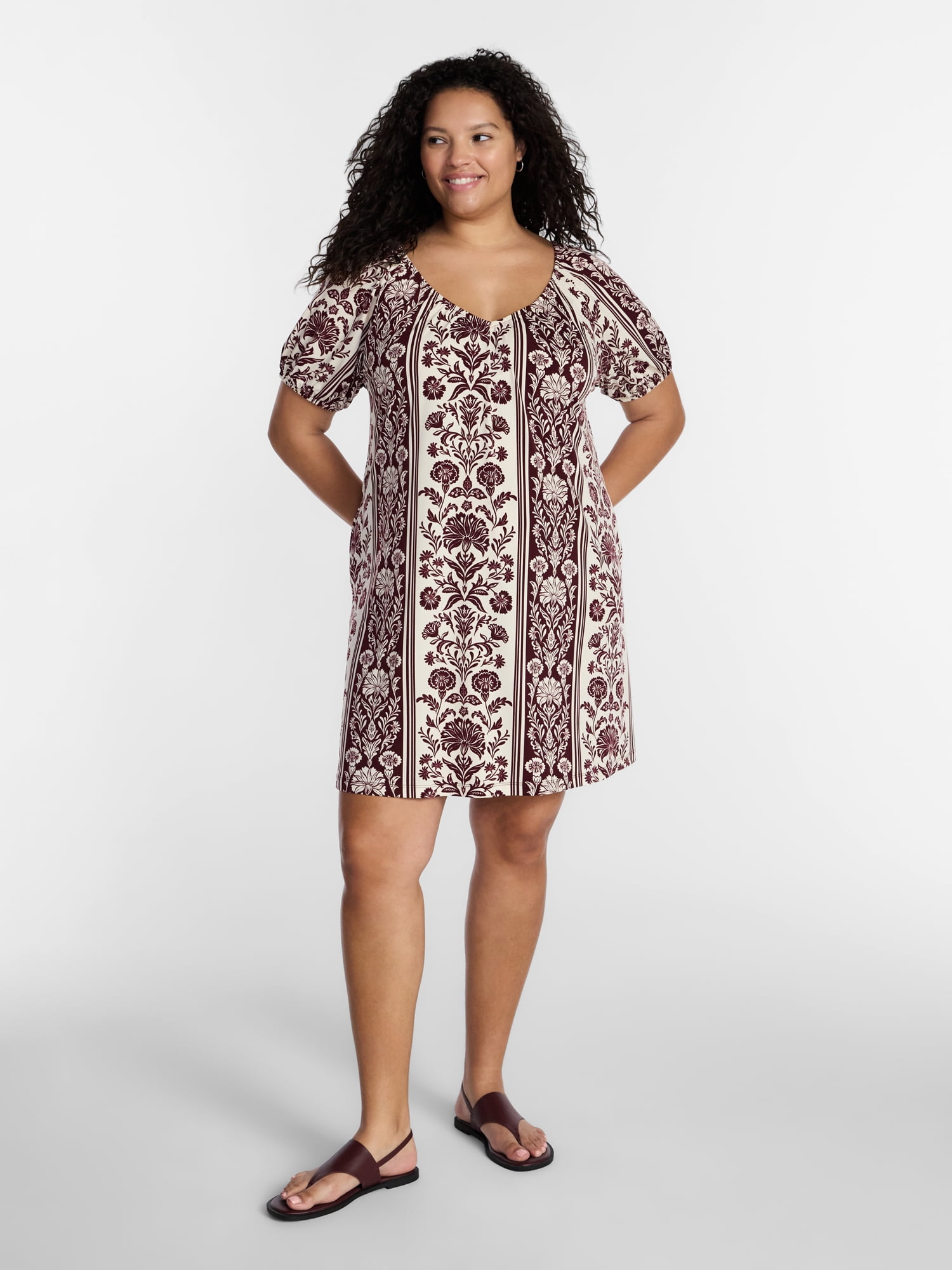 Terra & Sky Women’s Plus Size Puff Sleeve Tie Back Swing Mini Dress, Sizes 0X-5X