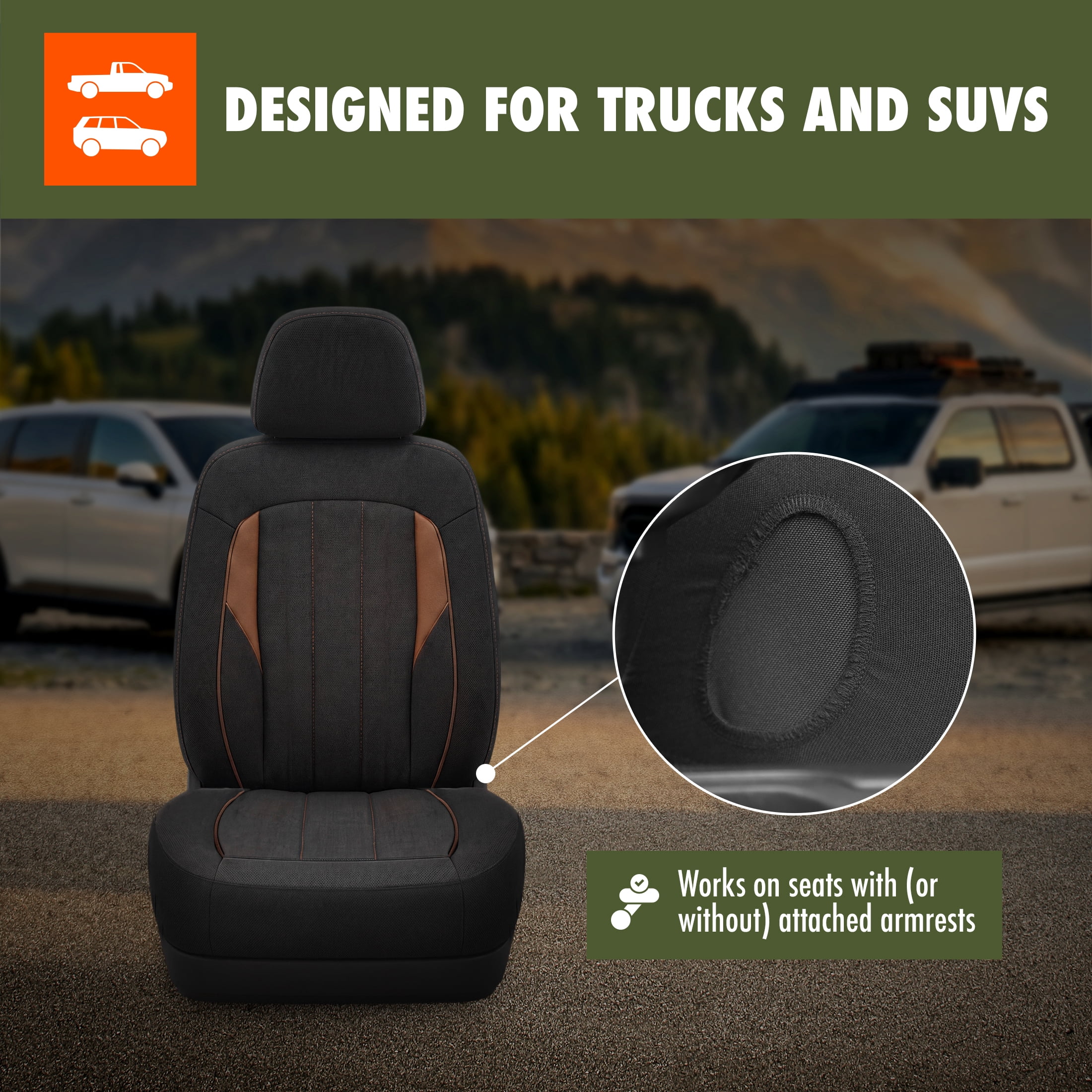 Ozark Trail Seat Covers 2 Pack, Premium Front Seat Faux Suede Fits Truck SUV CUV, Compatible with Attached Armrest, Black Brown