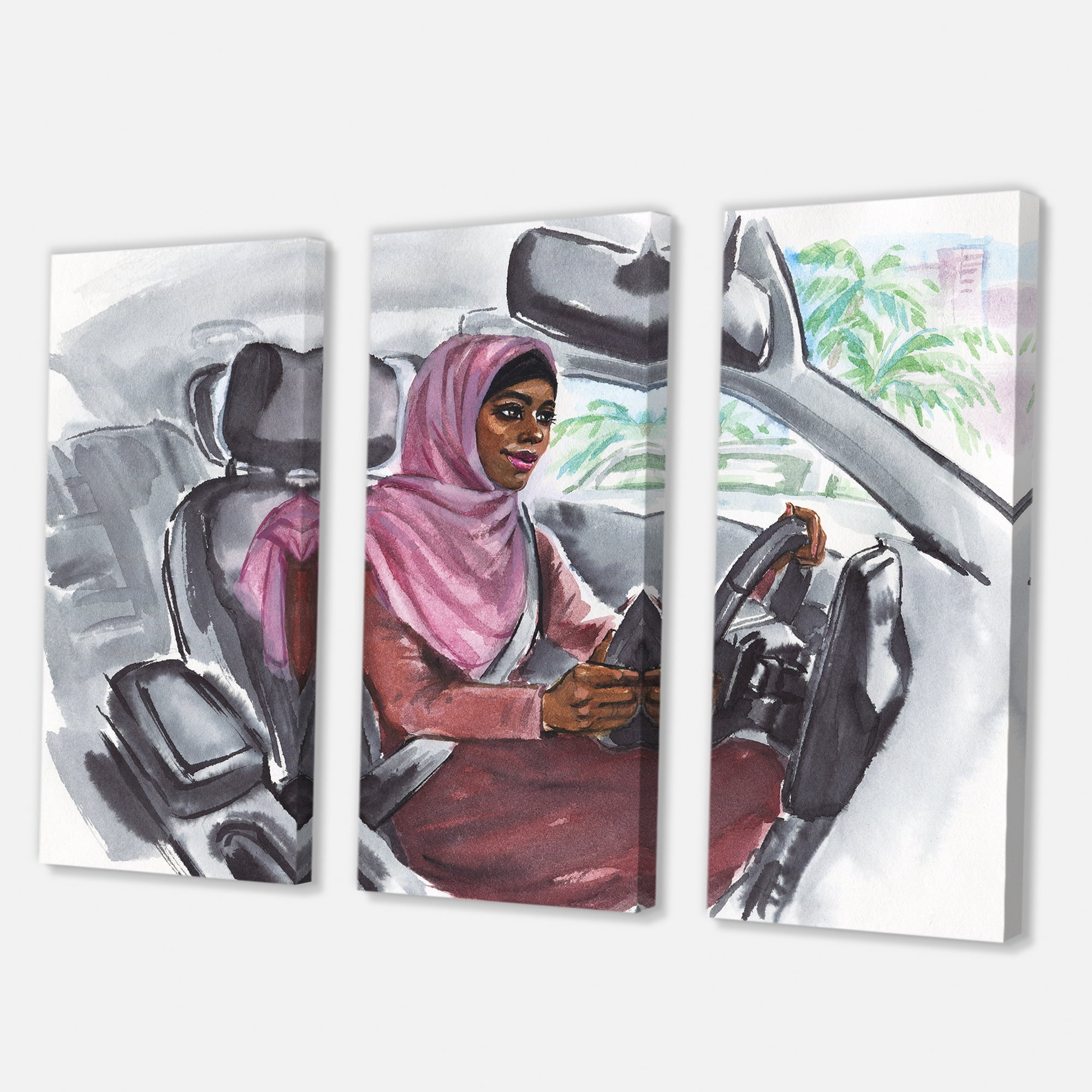Arabian Lady Driving A Car III 28 in x 36 in Painting Canvas Art Print, by Designart