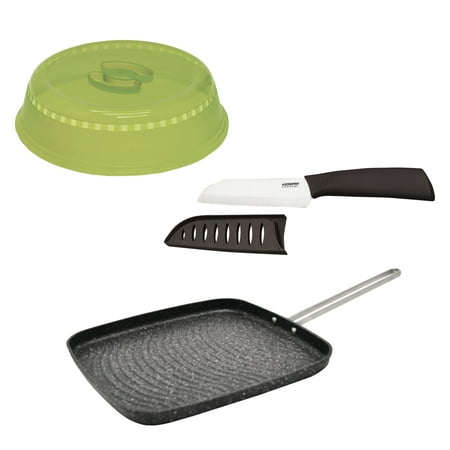 The Rock By Starfrit 10" Grill Pan, 5" Ceramic Santoku Knife, & Microwave Food Cover