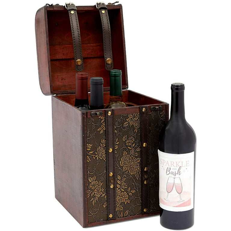 4 Wine Bottle Holder, Floral Wooden Trunk (8 x 13.8 x 8.5 In)