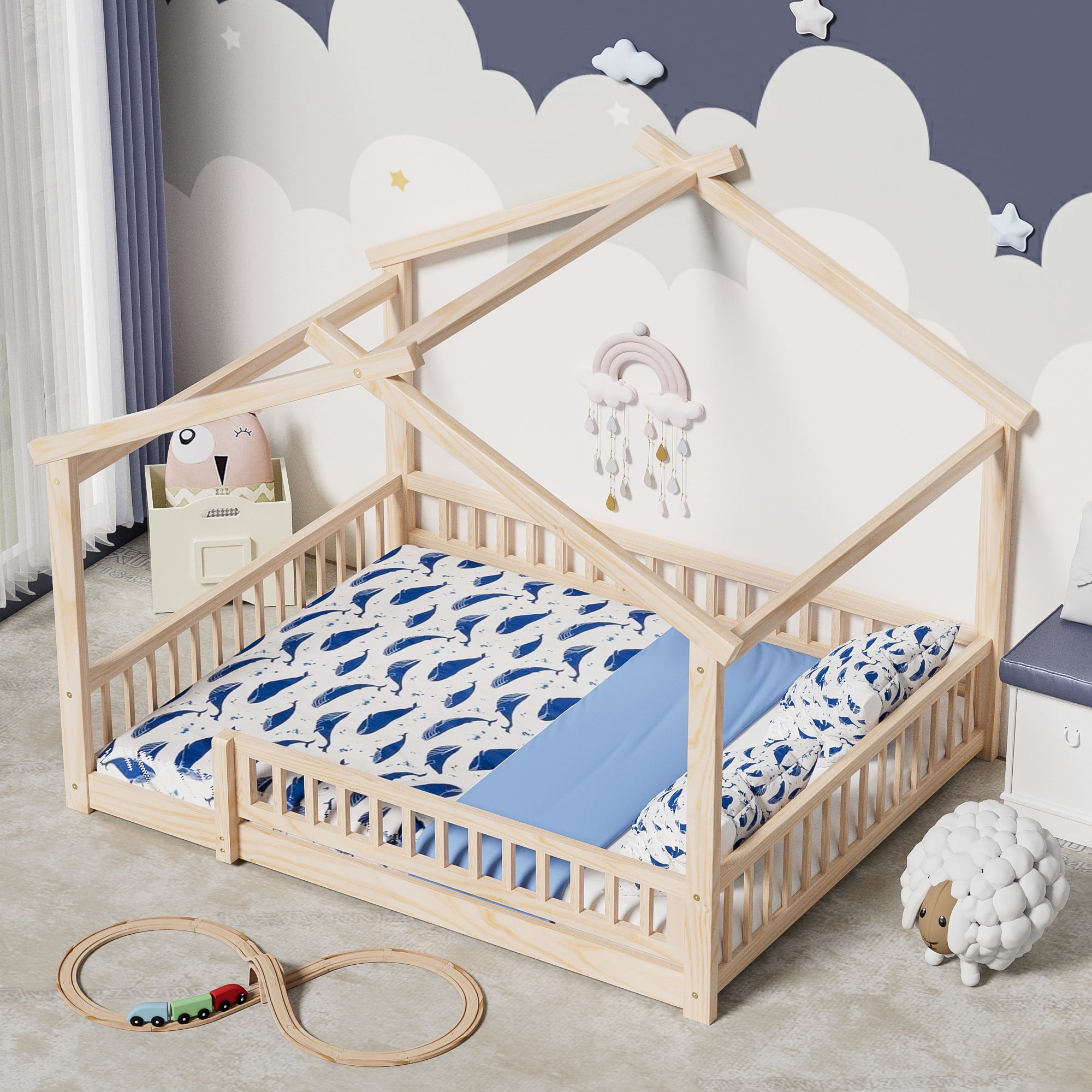 Full Size Floor Bed with Fence, Wood House Bed with Roof, Montessori Bed Frame Playhouse Bed for Girls and Boys Bedroom, Easy Assembly, Natural