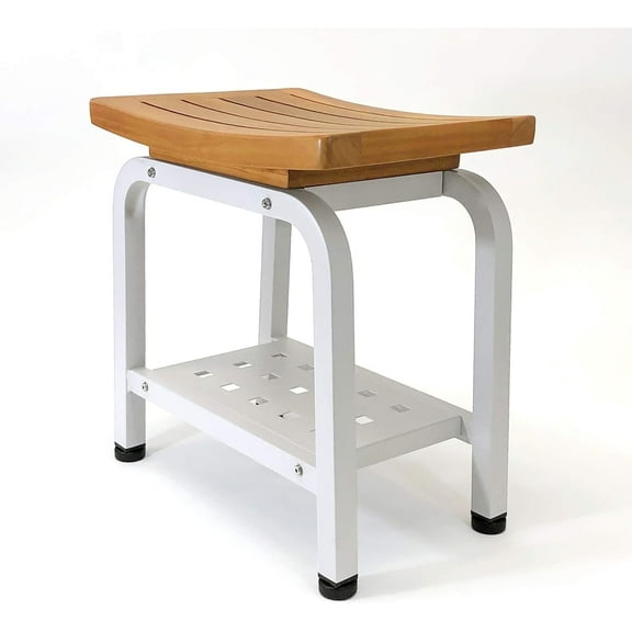 Bali Stool, Bench, Teak & Aluminum Shower/Bathroom/Spa/Patio/Swimming, Chair/Side Table Indoor/Outdoor, Adjustable TPR Foot Pads, B103/GRY (Light Gray)