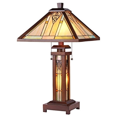 CHLOE Zella Tiffany-style Mission 3 Light Double Lit Wooden Table Lamp 15" Shade