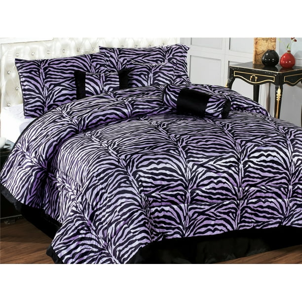 7-Pc Micro Fur Flocking Zebra Pattern Comforter Set Purple Black ...