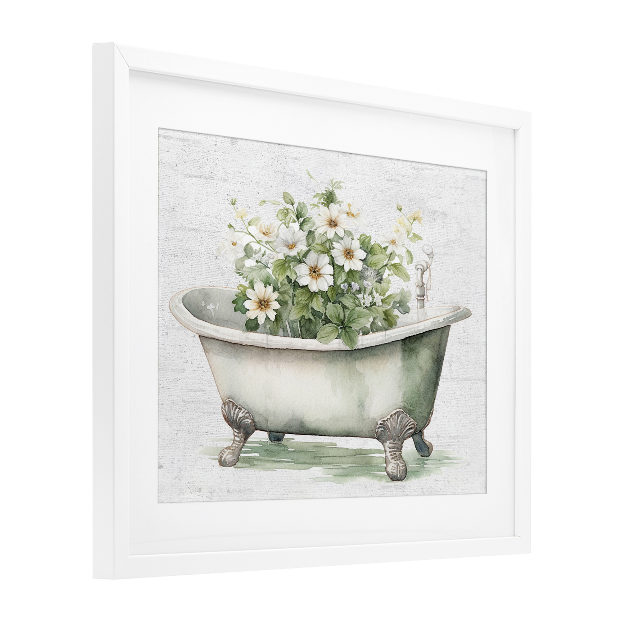 Boho Tub with Daisies White Framed Print Under Glass, design by Lettered and Lined