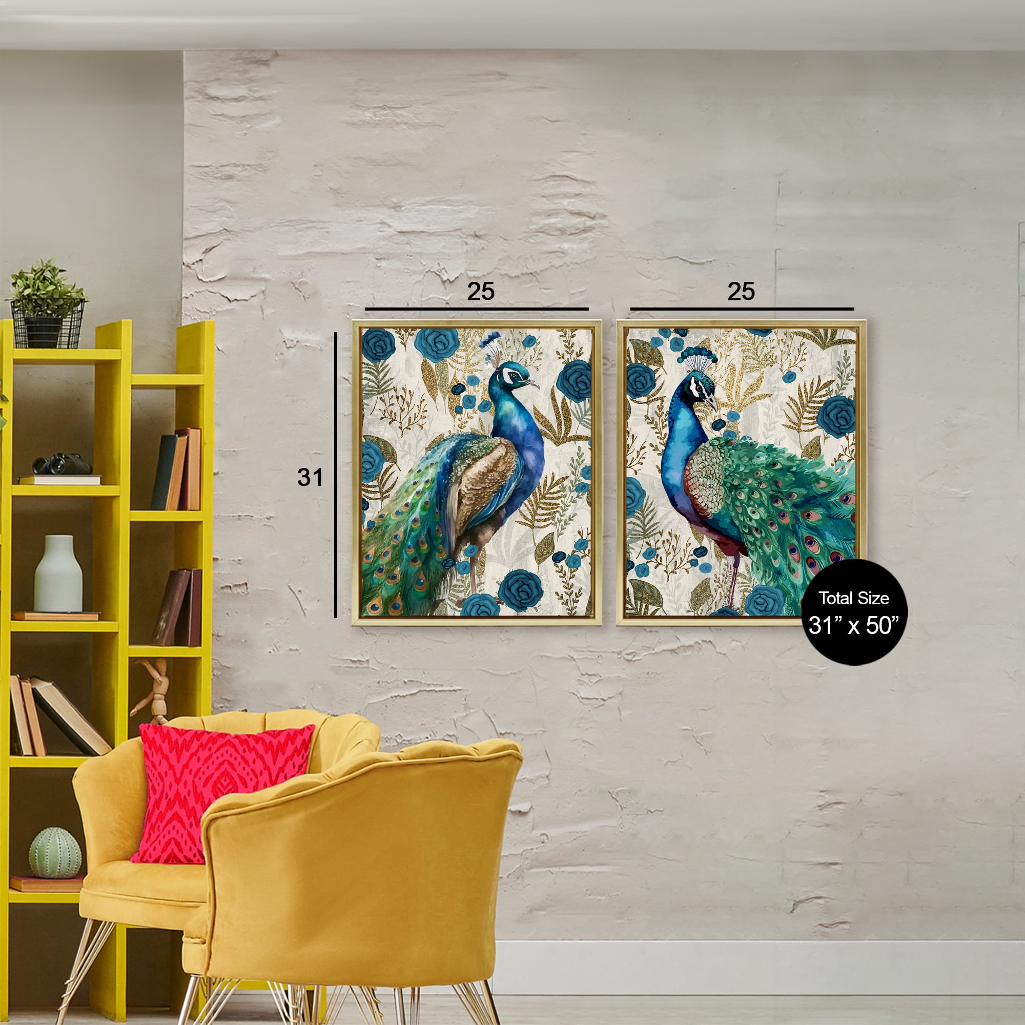 Stupell Industries Floral Peacock Pride 2 Piece Gold Framed Floater Canvas Set, design by Kim Allen