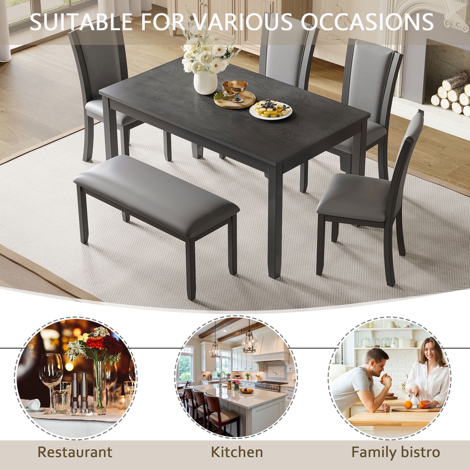 MAYEERTY 6-Piece Dining Table Set with Bench & Chairs, Modern Wooden Dining Set for 6-Person, for Dining Room Kitchen, Grey