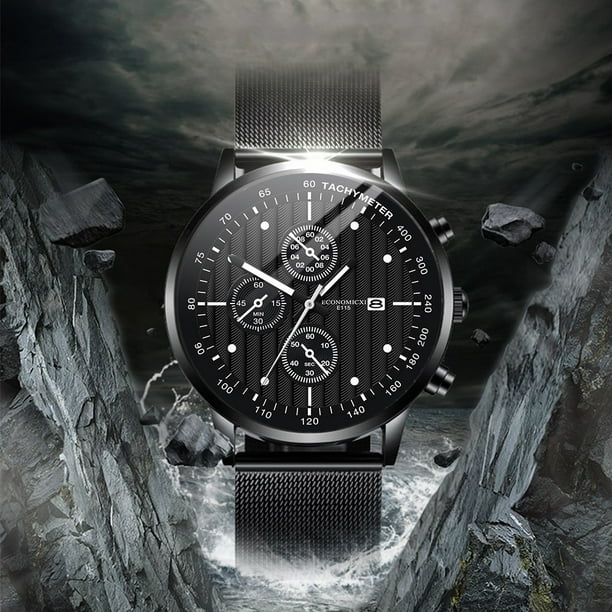 Reloj de cuarzo para hombre, reloj de pulsera mecánico con correa de cuero hueca, color negro, azul y dorado, sencillo y moderno.