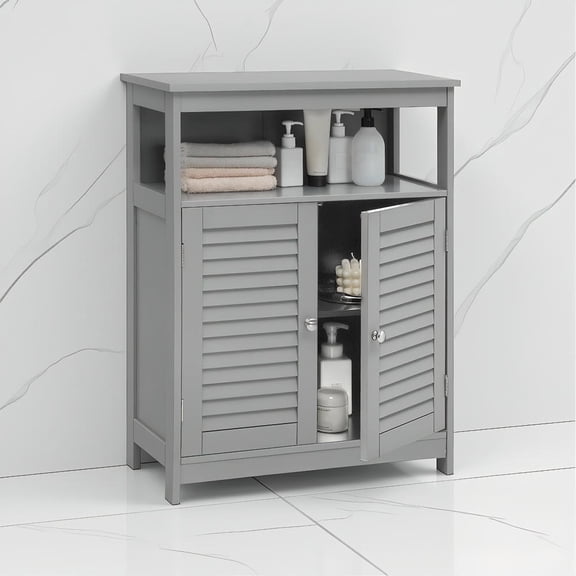 Topcobe Wood Freestanding Bathroom Storage Cabinet with Double Shutter Door, Bathroom Furniture, Toilet Storage Organizer, Gray