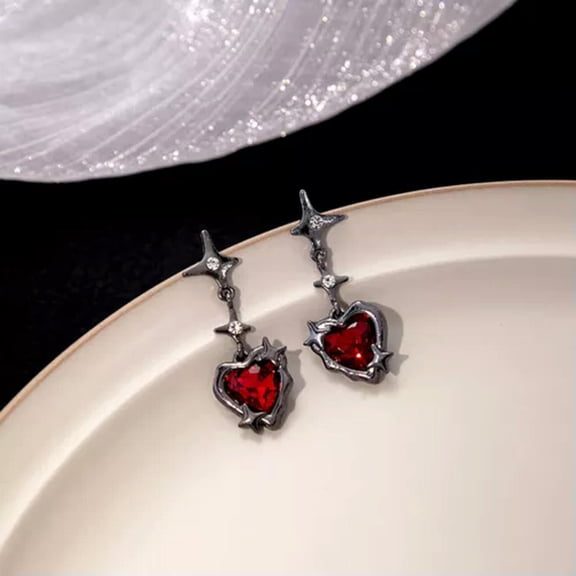 HOOUN Gothic Irregular Tassel Earrings Fashion Dark Red Heart Star Dangle Earrings-Black