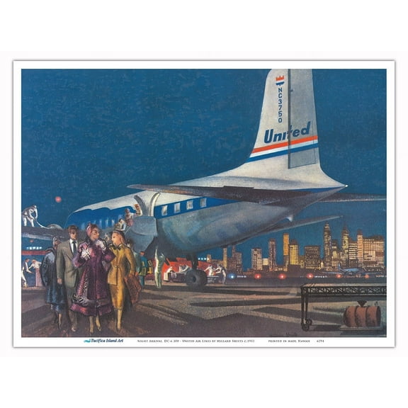Night Arrival DC-6 Mainliner 300 - United Air Lines - Vintage Airline Travel Poster by Millard Sheets c.1952 - Master Art Print (Unframed) 9in x 12in