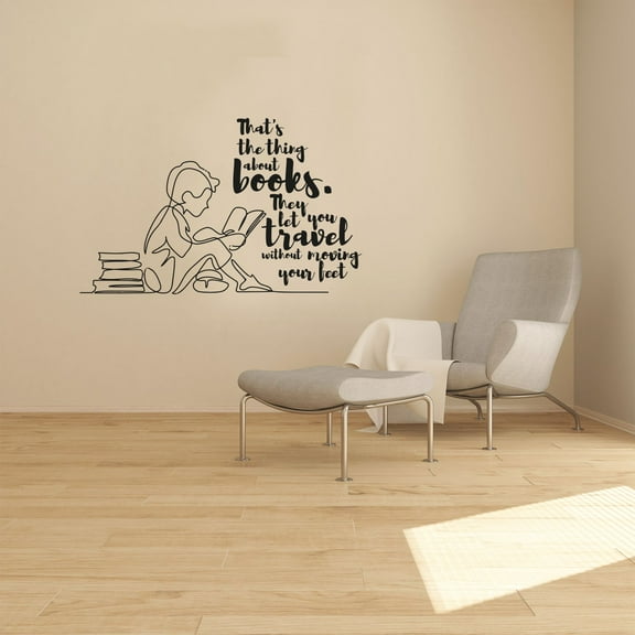That's The Thing About Books They Let You Travel Without Moving Your Feet - Quote Vinyl Wall Art Sticker Wall Decal Home Kids Library Area Living Room Reading Wall Decor Design Size (8x10 inch)