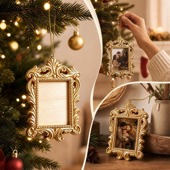 Christmas Resin Pendant Snow Cedar DIY Photo Frame Ornament 4.25x2.83 in, Champagne Gold Picture Keepsake Tree Decor