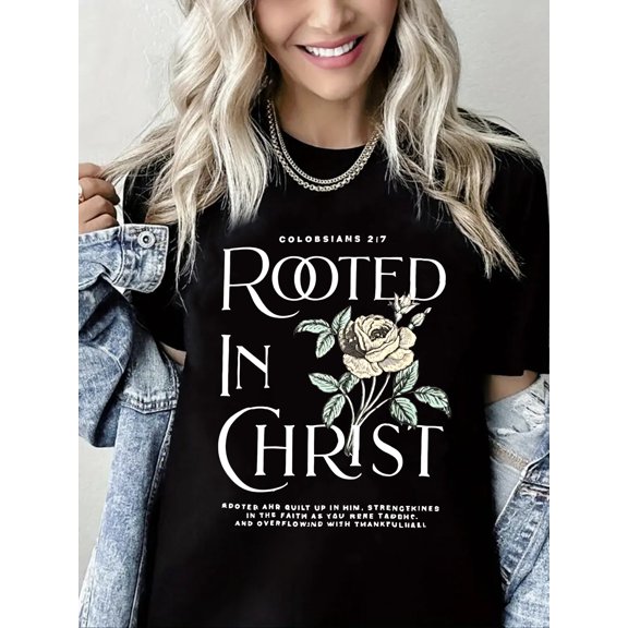 Women Christian T-Shirts Rooted in Christ Graphic Shirt Casual Loose Crew Neck Top