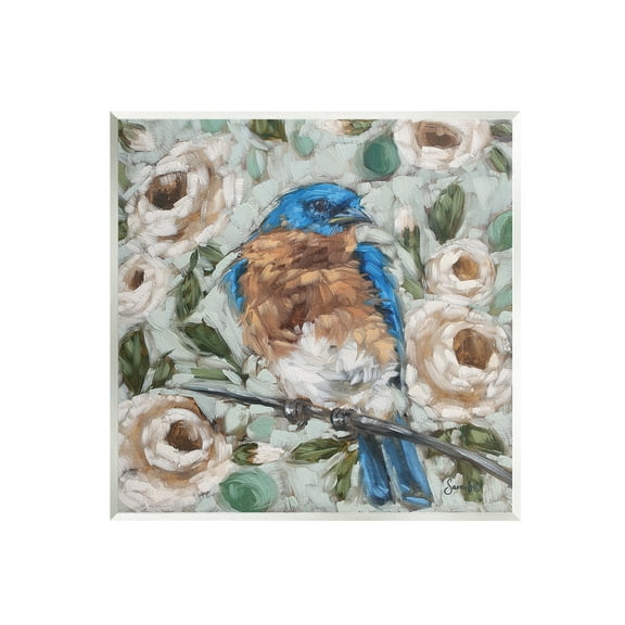 Stupell Bluebird Perched Floral Blooms Animals & Insects Painting Wall Plaque Unframed Art Print Wall Art