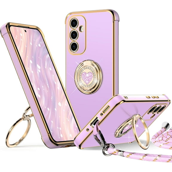 ZUKKASHAN for Samsung Galaxy S23 FE Case with Stand, Double Ring Holder Case Heart with Lanyard for Girls Women, Luxury Cute Bling Protective Phone Cover Case for Samsung S23 FE