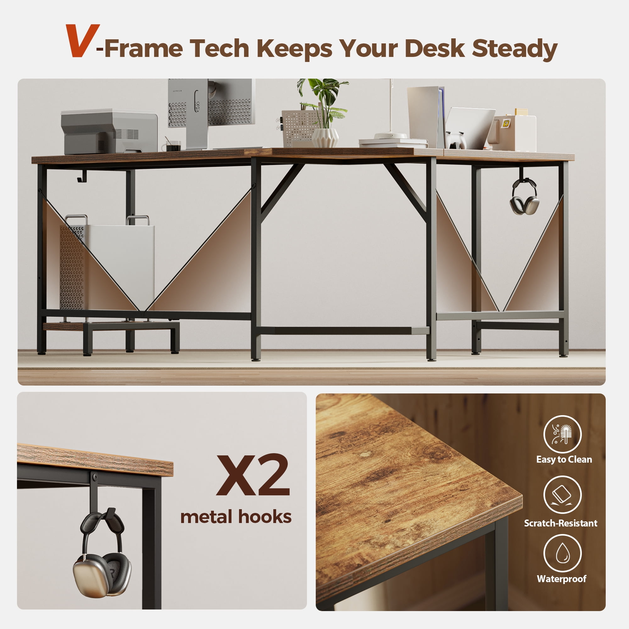 66.93 Inch L-Shaped Desk for Home Office, Corner Computer Desk for Workstations, Gaming Desk with Tower Shelf and Hooks,Rustic Brown