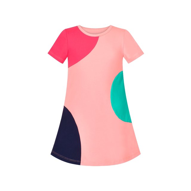Robe Décontractée Fille Rose Clair Coton Manches Courtes Contraste de Couleur 8 Ans