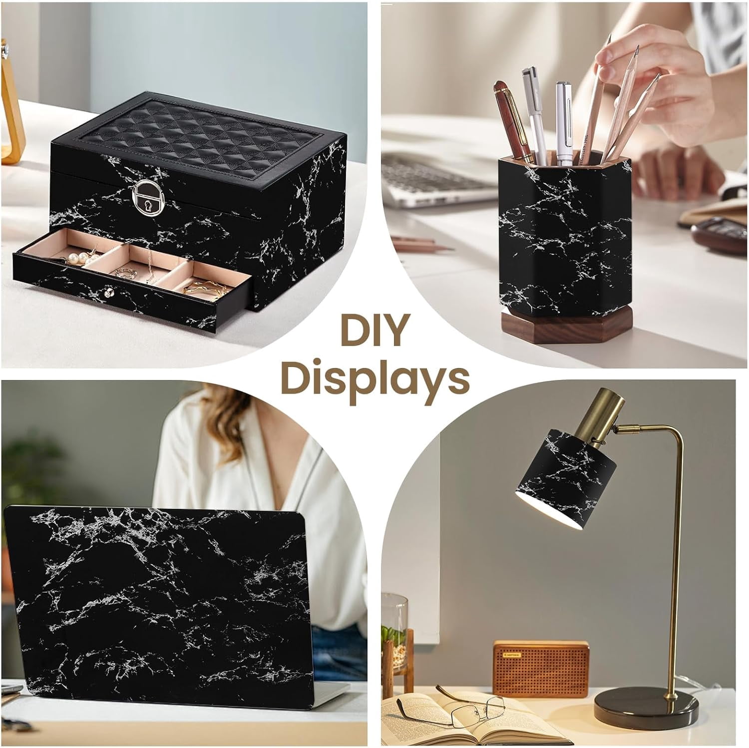MaxxMarket Glossy Marble Wall Paper Granite Black/Grey Kitchen Countertop Cabinet Furniture Refurbishment Removable Wallpaper Peel and Stick Vinyl Roll 17.7" x 196.8"