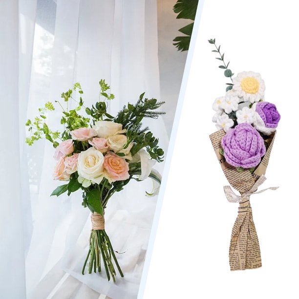 Ramo de flores de ganchillo hecho a mano de kurtrussel, flores de punto, rosas, girasoles y margaritas, flores artificiales para jarrones, decoración del hogar, regalos de San Valentín, morado y