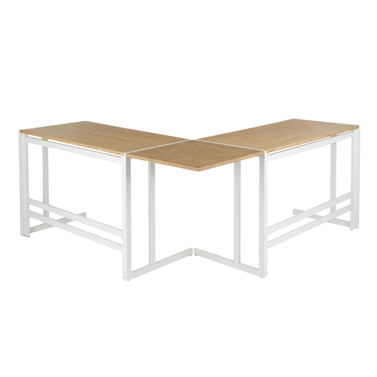 Roman Industrial "L" Shaped Desk In White Metal And Natural Wood-Pressed Grain Bamboo