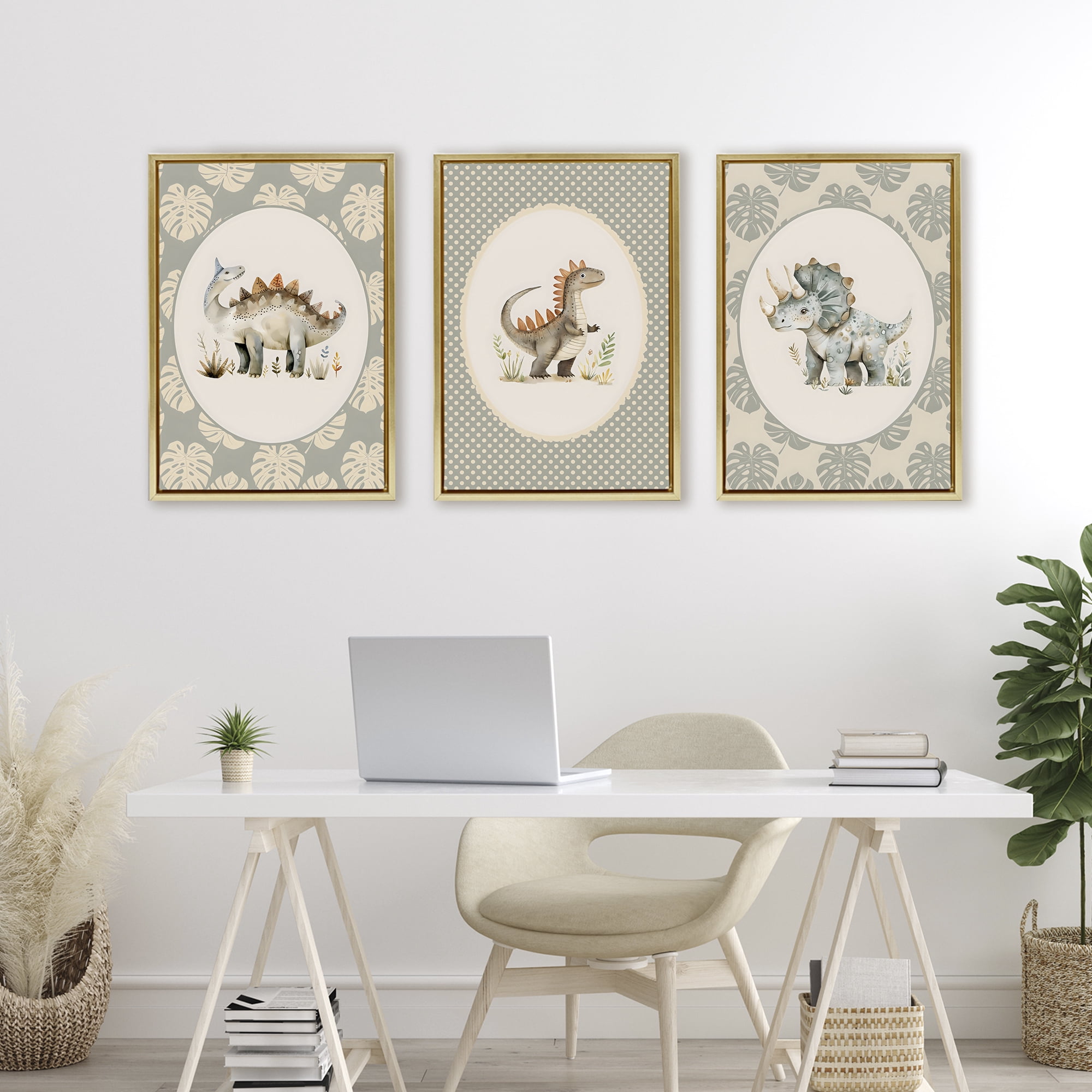Stupell Industries Nursery Dinosaurs Tropical Border 3 Piece Gold Framed Floater Canvas Set, design by LSR Design Studio