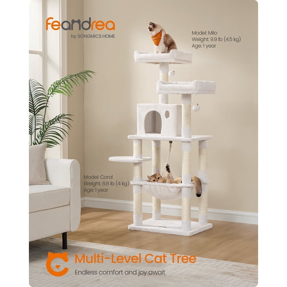 56.3-Inch Multi-Level Cat Tree with 11 Scratching Posts, 2 Perches, Cave, and Hammock, for Multiple Cats, Cream White
