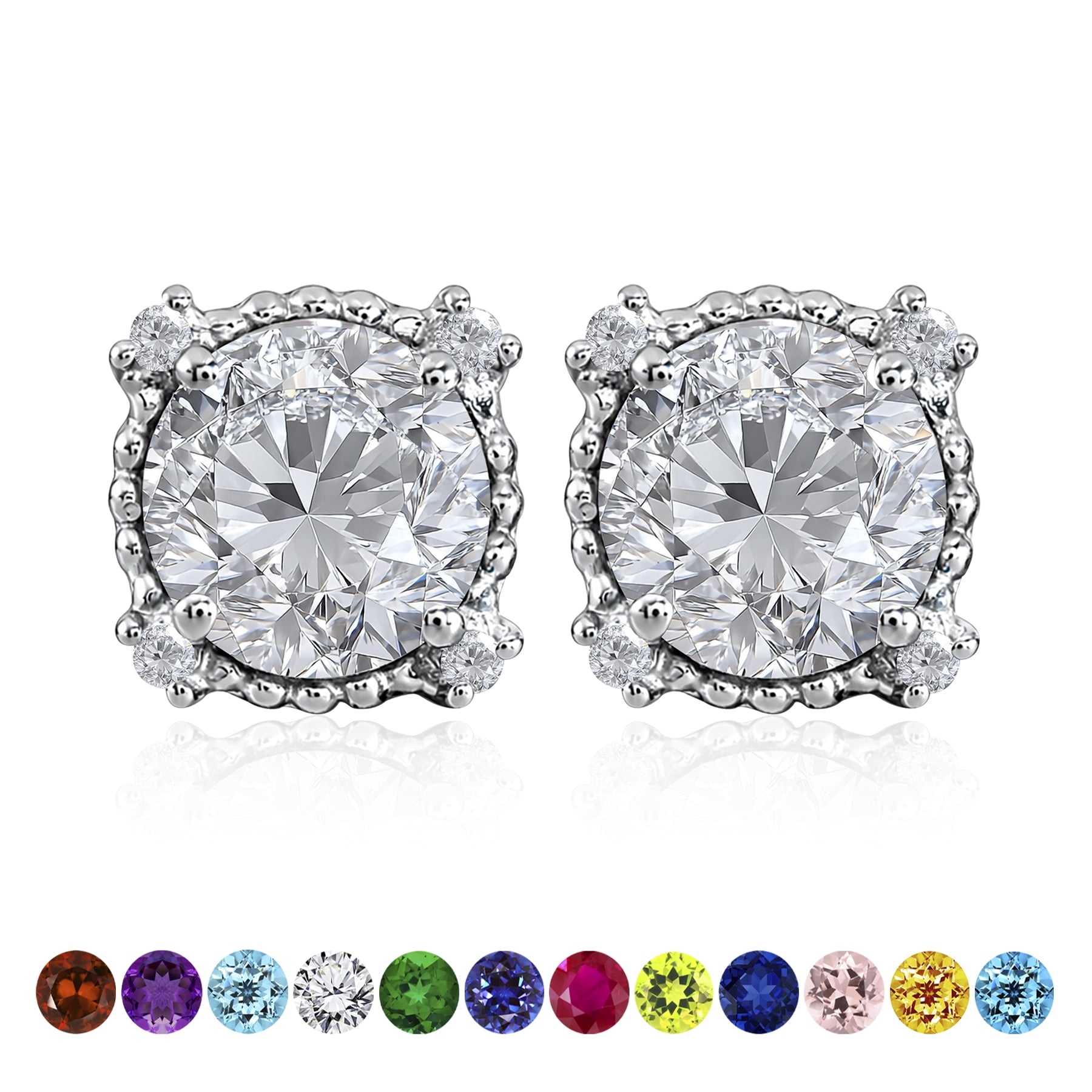 JeenMata 3.5 Carat Round Cut April Birthstone Stud Earrings - Halo Milgrain Earrings in 18K White Gold Plating for Women