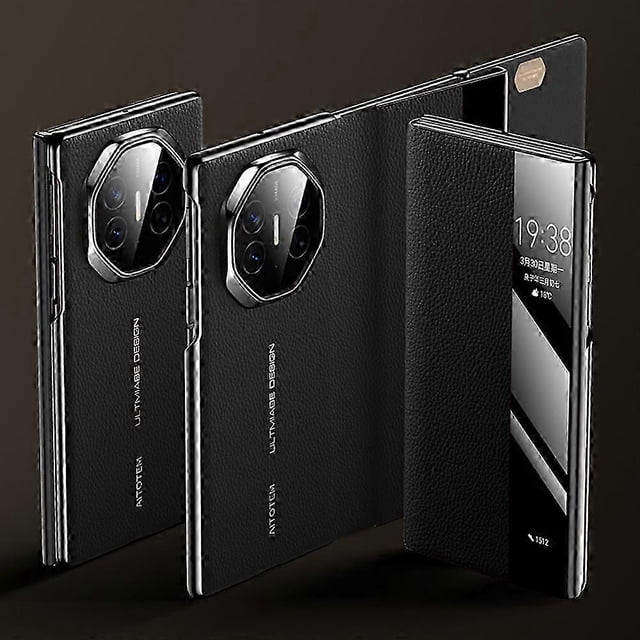 For Huawei Mate Xt Ultimate Case View Window Genuine Cow Leather+pc Electroplating Phone Cover