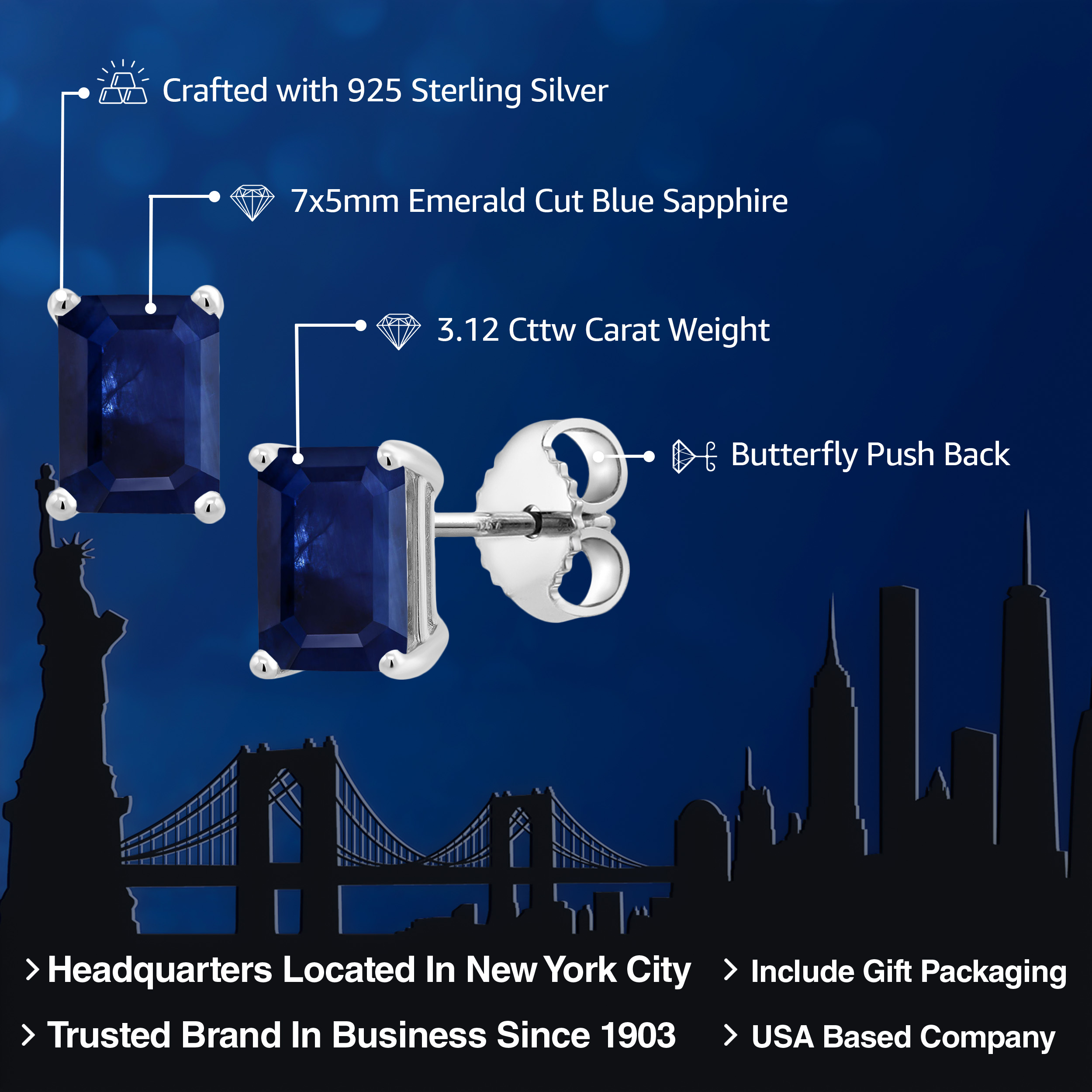 Gem Stone King 925 Sterling Silver Blue Sapphire Stud Earrings for Women Men (3.12 Cttw, Gemstone Birthstone, Emerald Cut 7X5MM)