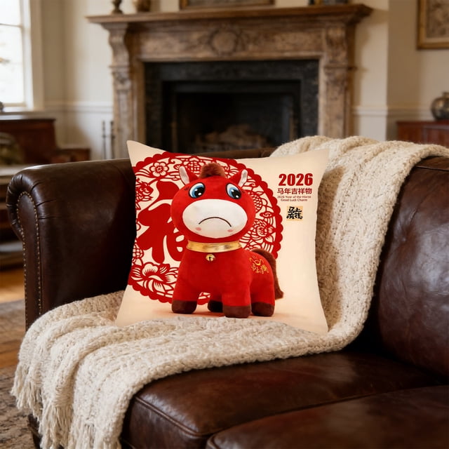 Uuiauoio Horse Zodiac Pillow Cover Flocked Plush Cute Animal Design Throw Pillow Case for Sofa Bed Living Room Home Decor Year of the Horse Theme