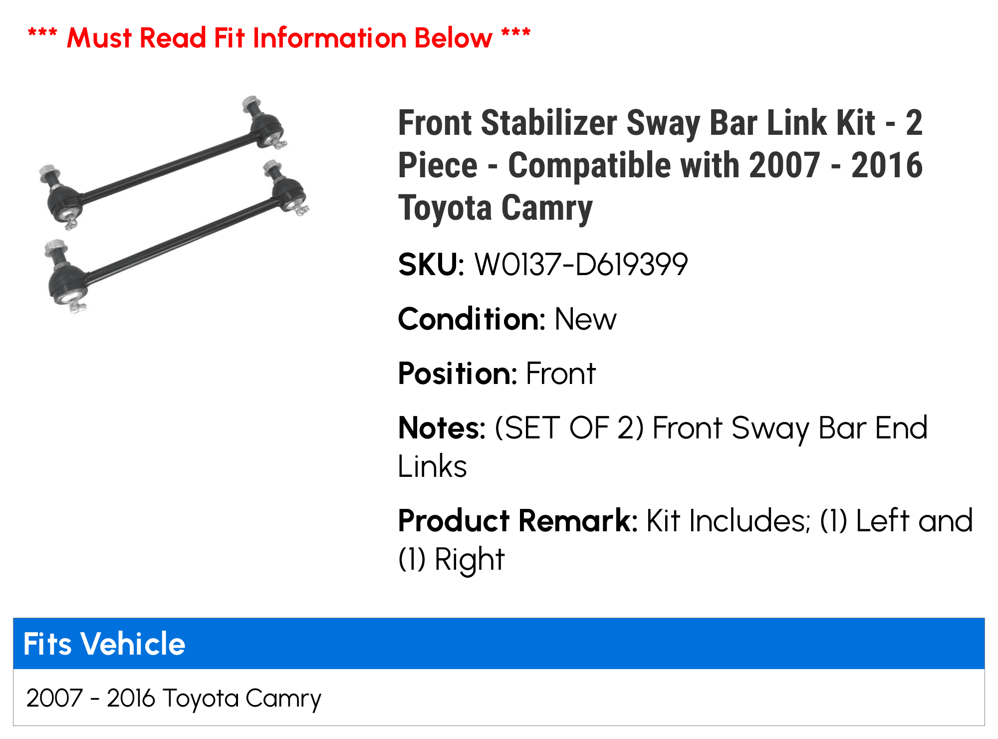 Front Stabilizer Sway Bar Link Kit - 2 Piece - Compatible with 2007 - 2016 Toyota Camry 2008 2009 2010 2011 2012 2013 2014 2015