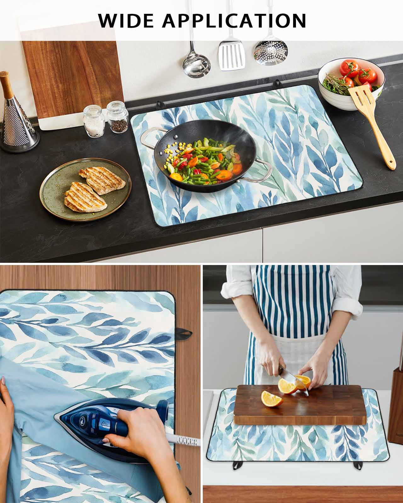 nqOlkjepod Large Induction Cooktop Protector Mat 36"x21", Blue Green Leaf Stove Top Covers for Electric Stove, Summer Vintage Watercolor Plant Stove Burner Cover Mats, Glass Top Stove Cover