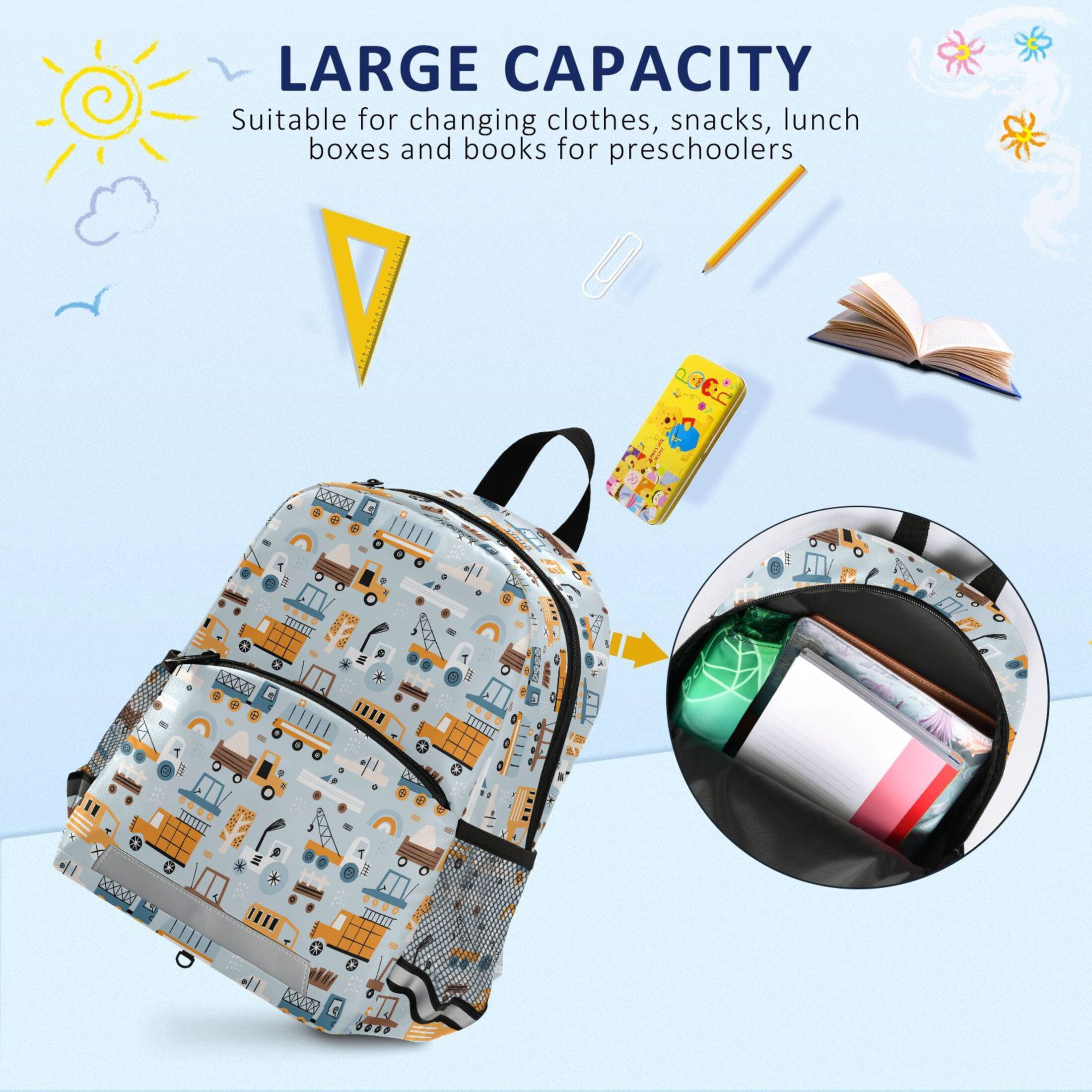 Construction Machines Cars Truck Kids Backpack Toddlers School Bookbag Age 2-6 Children Preschool Bag Boys Girls Kindergarten Daypack