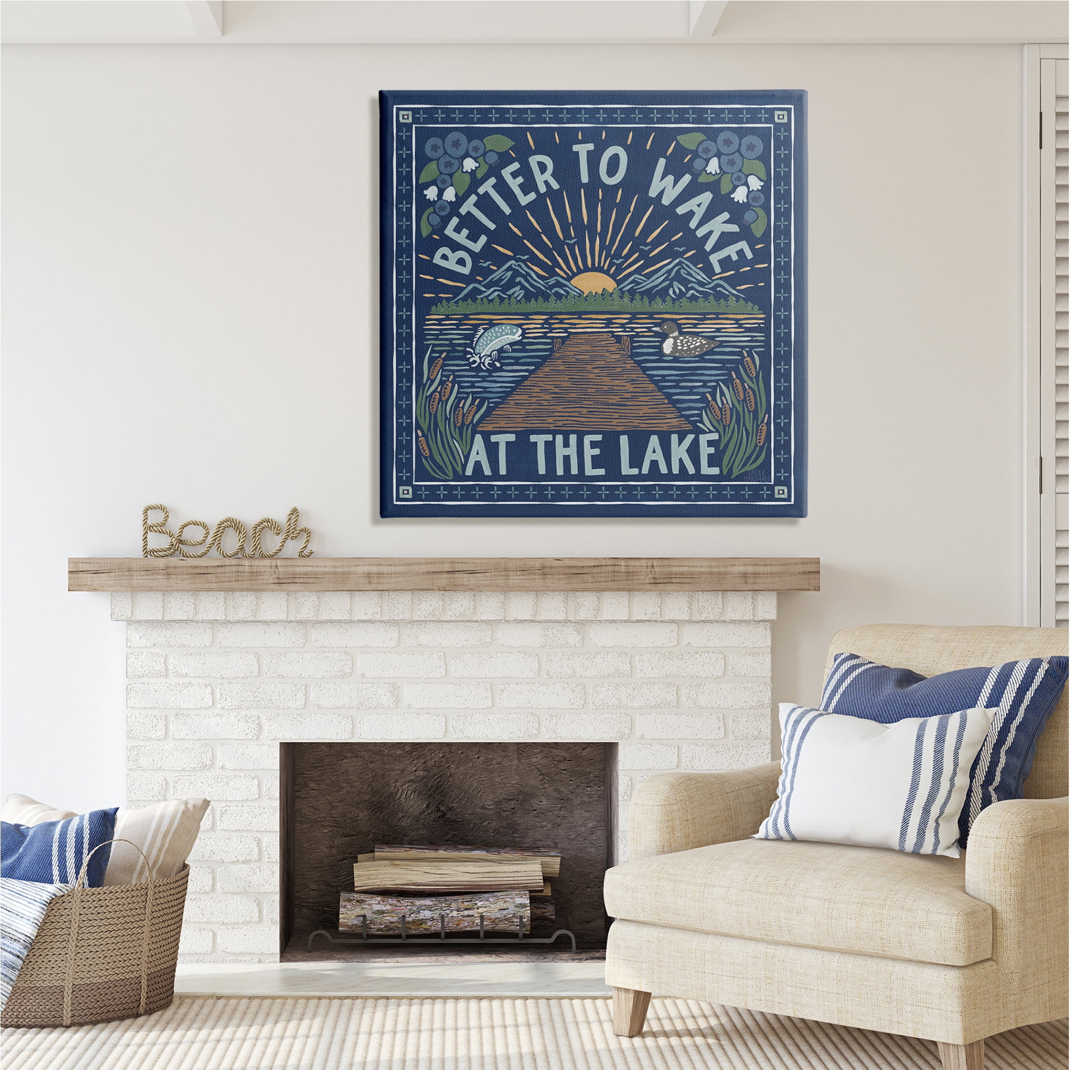 Stupell Industries Blue Wake at Lake Phrase Nature Painting Gallery Wrapped Canvas Print Wall Art, 36 x 36