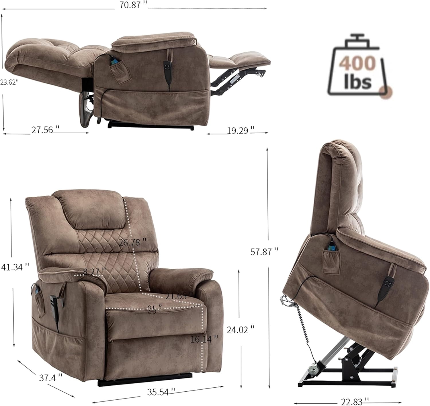 Dual Motor Power Recliner Chair Sofa, Lift Chair Lay Flat Recliners Chairs for Elderly Adults, Brown Velvet Recliners with Massage and Heat, Living Room Chair