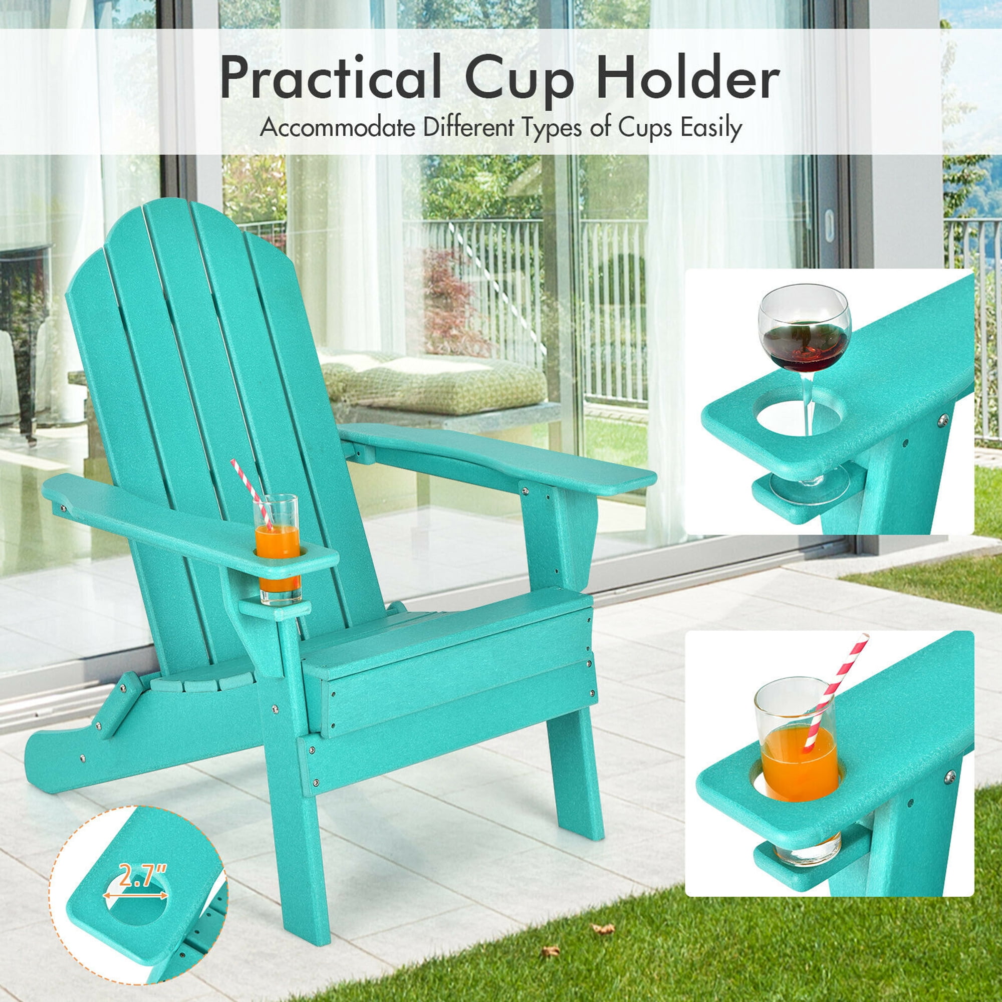 Gymax 2PCS Patio Folding Adirondack Chair Weather Resistant Cup Holder Yard Turquoise