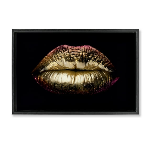 Stupell Industries Pink & Gold Lipstick Fashion Painting Black Floater Framed Canvas Art Print Wall Art, 25 x 17