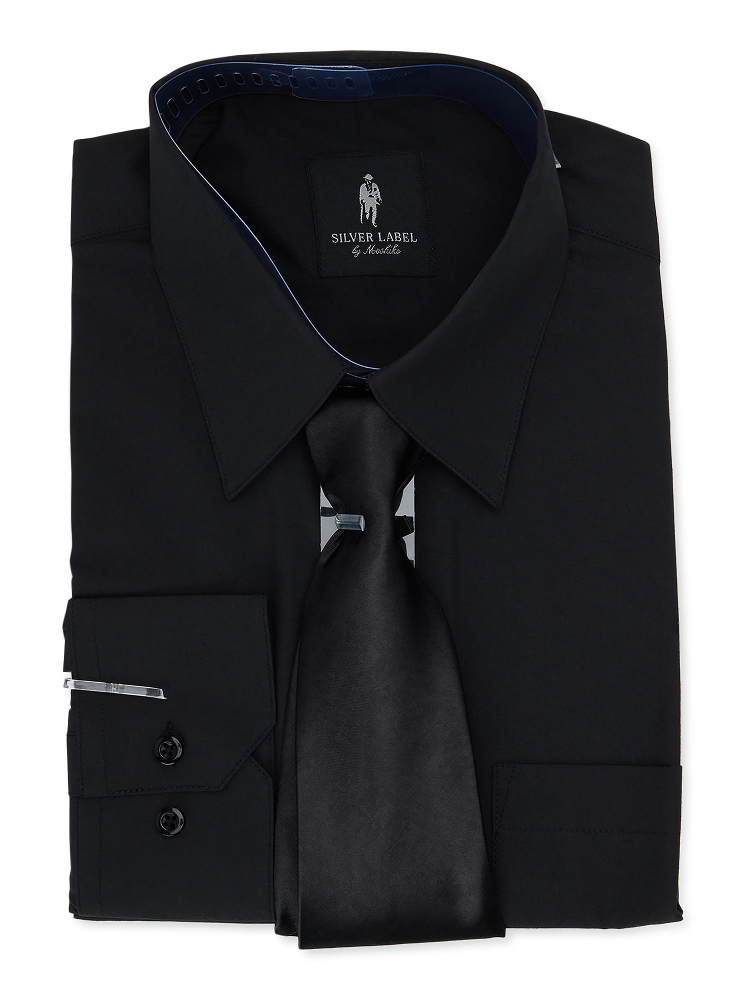 Silver Label Men’s Long Sleeve Solid Dress Shirt with Front Chest Pocket and Coordinating Necktie