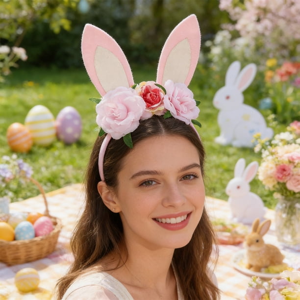 Diadema con orejas de conejo y tocado de flores para fiesta infantil, accesorio para el cabello de Pascua, diadema de plástico